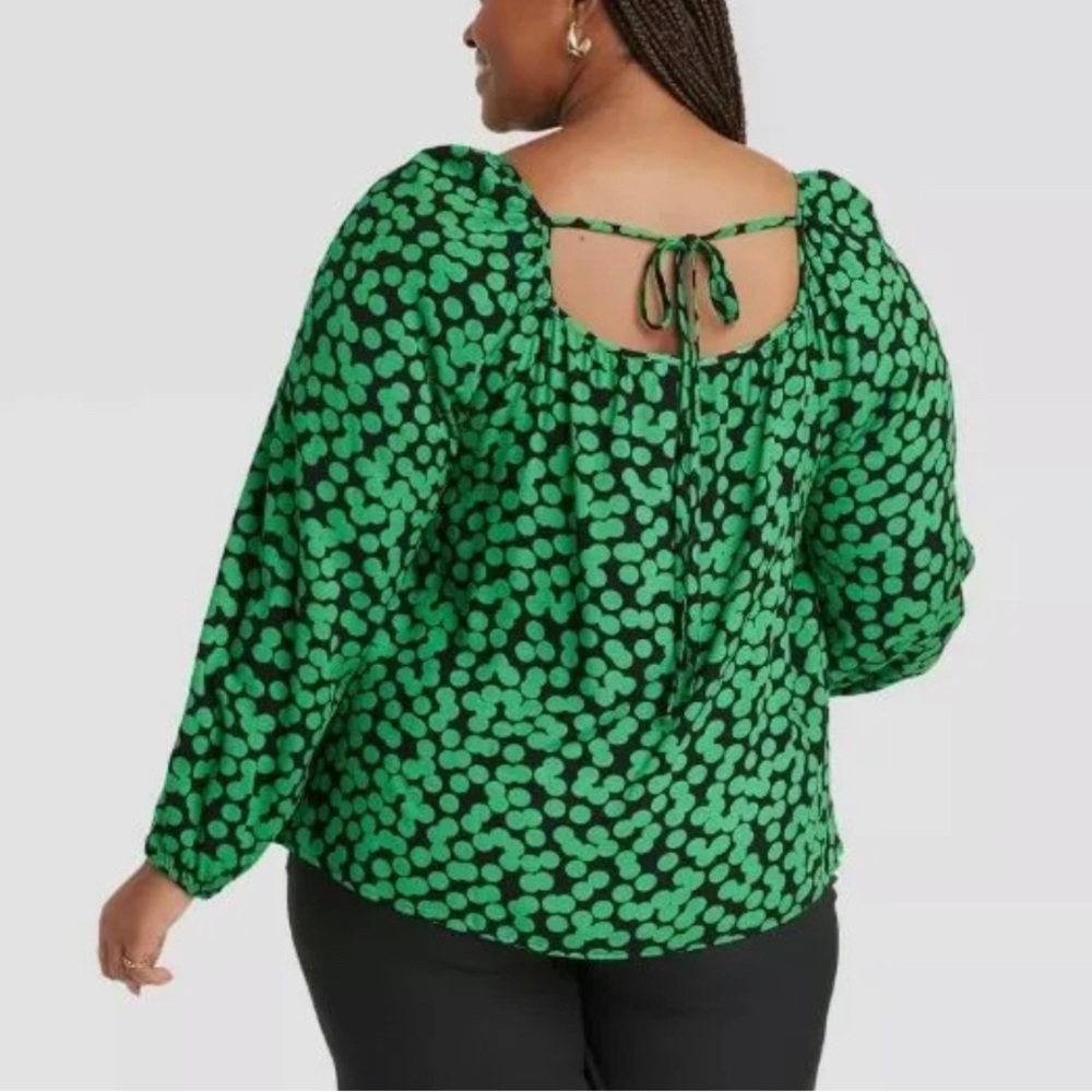 Ava & Viv Balloon Long Sleeve Blouse - Green Polka Dots